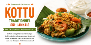 kottu traditionnel sri lankais sur feuille de banane avec pâte de piment intro