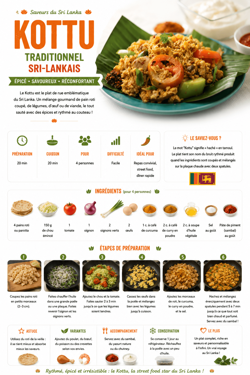 kottu traditionnel sri lankais sur feuille de banane avec pâte de piment