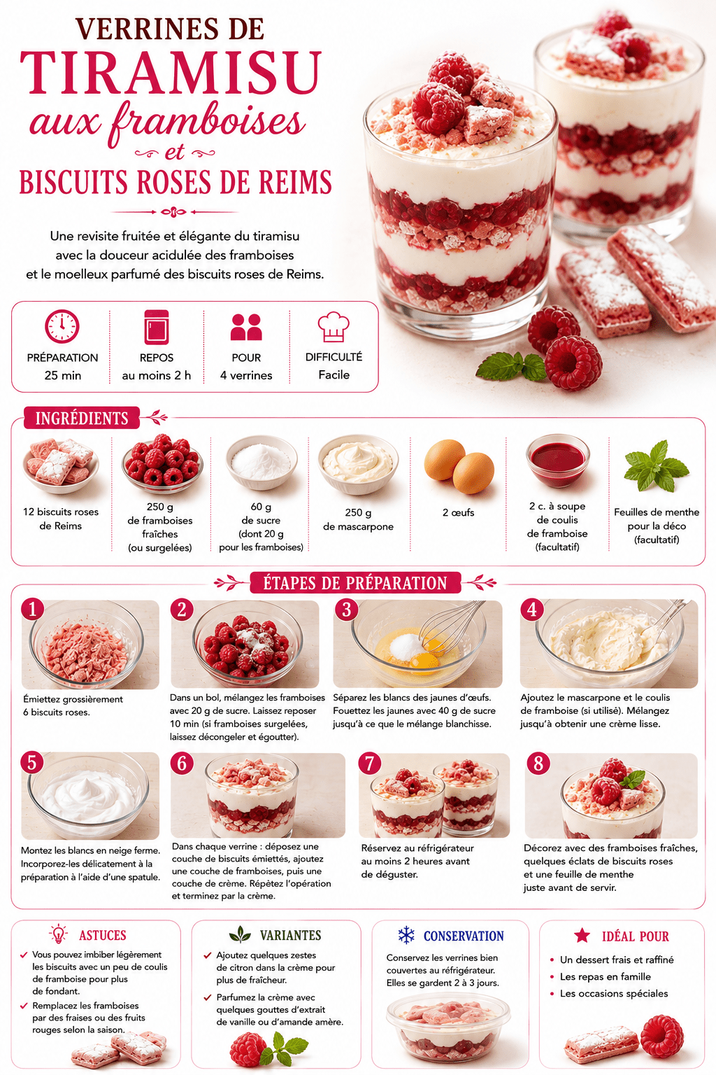 verrines de tiramisu aux framboises et biscuits roses de reims