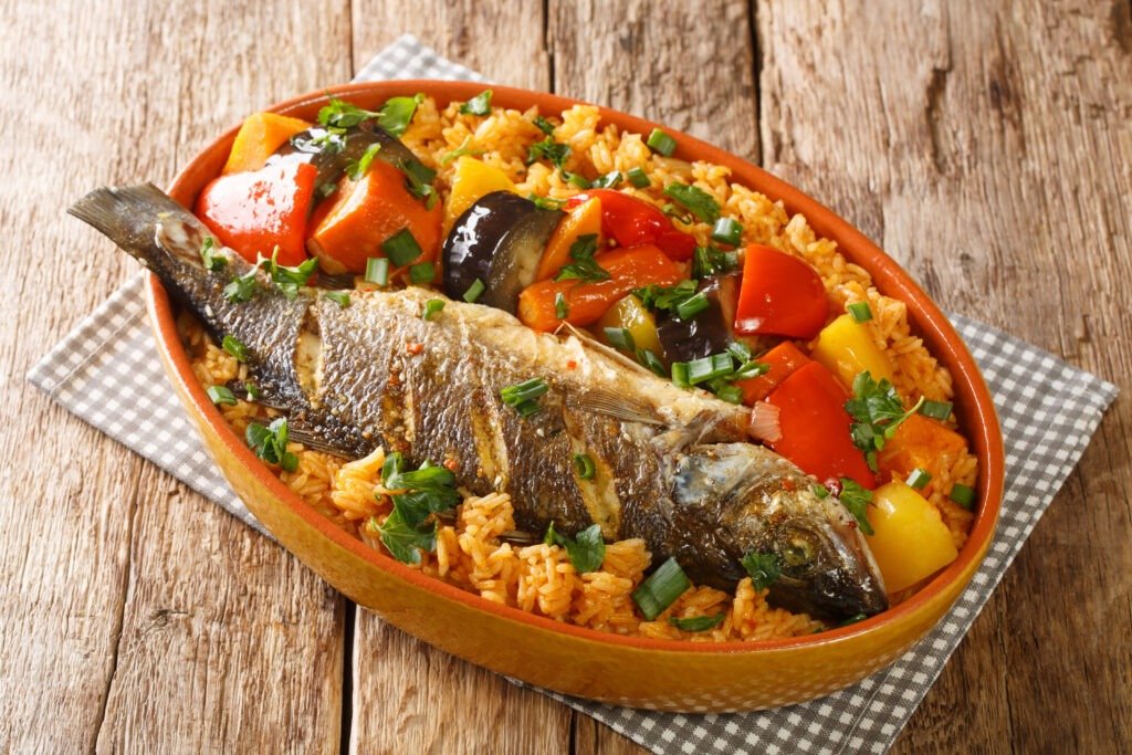 senegalese food thieboudienne cooked rice and fish with vegetabl