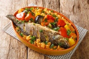 senegalese food thieboudienne cooked rice and fish with vegetabl