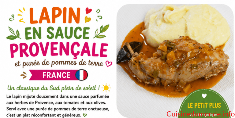 Lapin en sauce provençale servi avec de la purée de pommes de terre