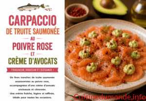 Carpaccio de truite saumonée au poivre rose et crème d&rsquo;avocats