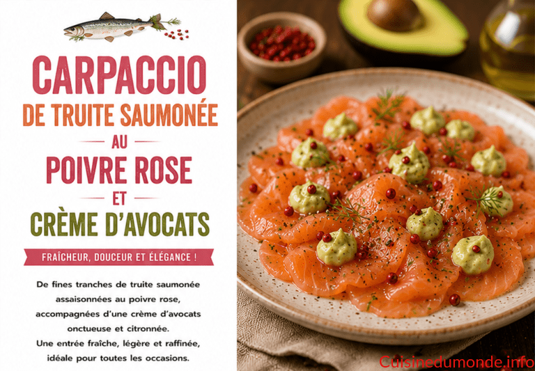 Carpaccio de truite saumonée au poivre rose et crème d&rsquo;avocats