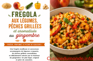 Fregola aux légumes, pêches grillées et aromatisé au gingembre