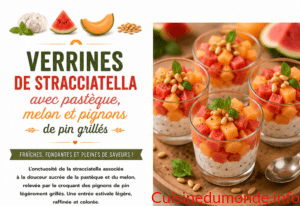 Verrines de stracciatella avec pastèque, melon et pignons de pin grillés